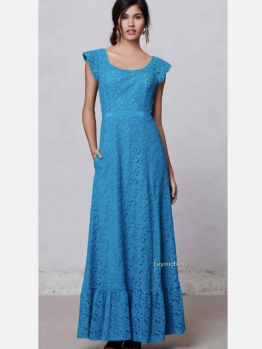 Mirror of Venus Anthropologie Blue Flounced Lace Romantic Maxi Dress Size 4